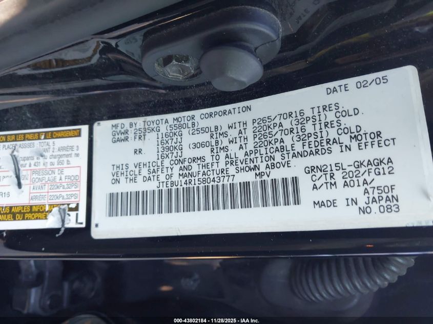 2005 Toyota 4Runner Sr5 V6 VIN: JTEBU14R158043777 Lot: 43802184