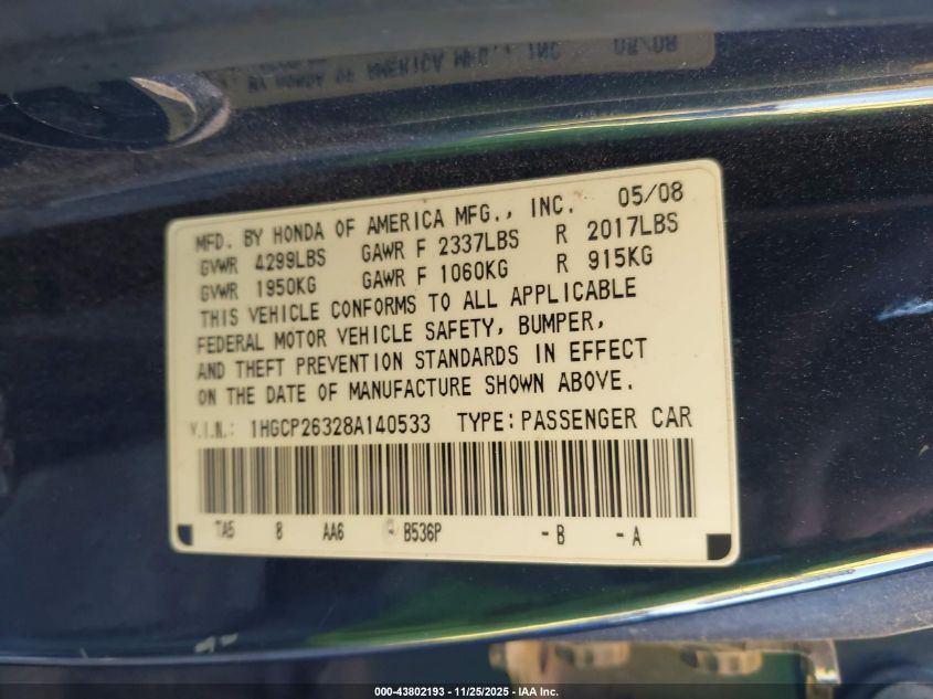 2008 Honda Accord 2.4 Lx VIN: 1HGCP26328A140533 Lot: 43802193