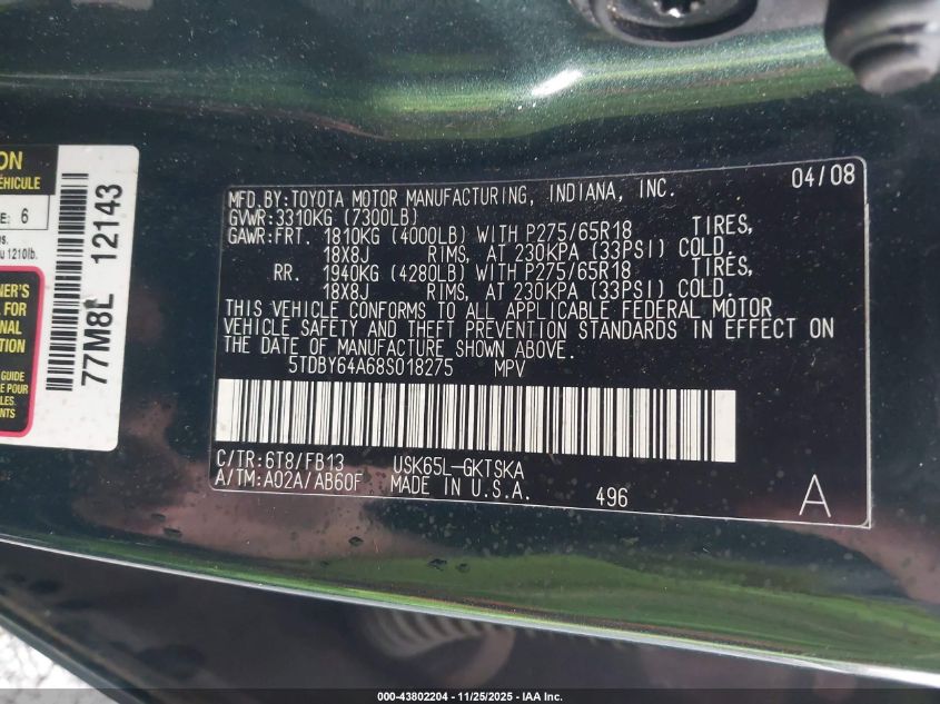 2008 Toyota Sequoia Sr5 5.7L V8 VIN: 5TDBY64A68S018275 Lot: 43802204