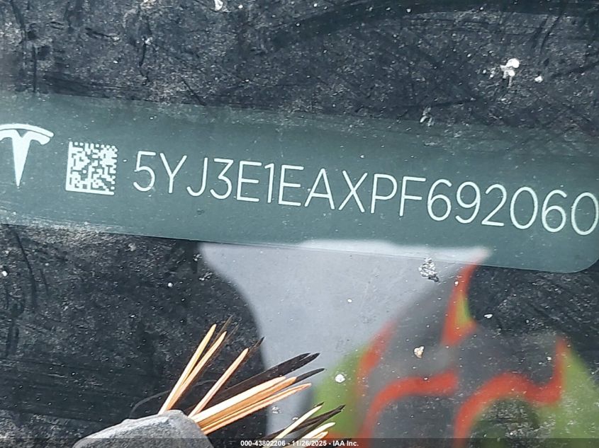 2023 Tesla Model 3 Rear-Wheel Drive VIN: 5YJ3E1EAXPF692060 Lot: 43802206