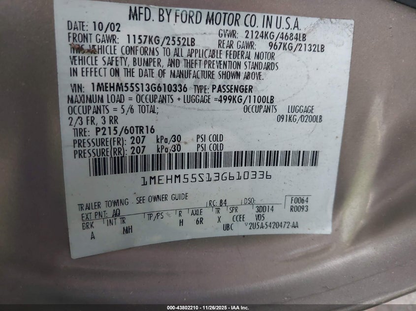 2003 Mercury Sable Ls Premium VIN: 1MEHM55S13G610336 Lot: 43802210