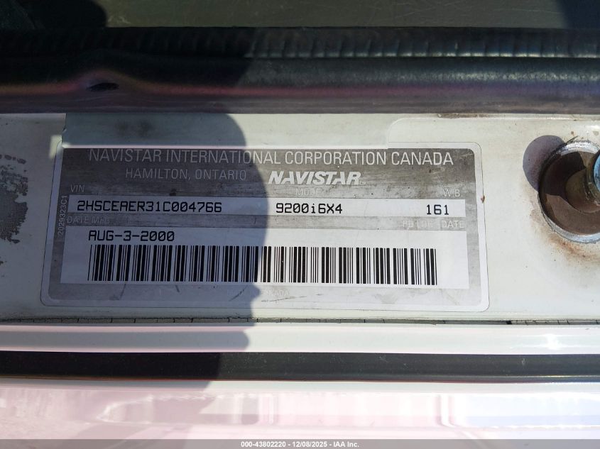 2001 International 9200 9200I VIN: 2HSCEAER31C004766 Lot: 43802220