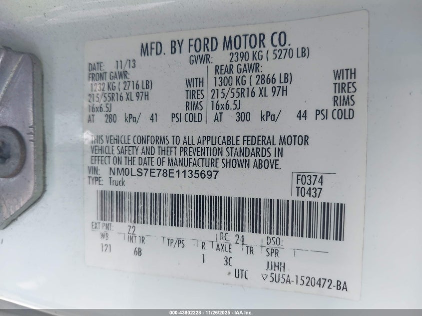 2014 Ford Transit Connect Xl VIN: NM0LS7E78E1135697 Lot: 43802228