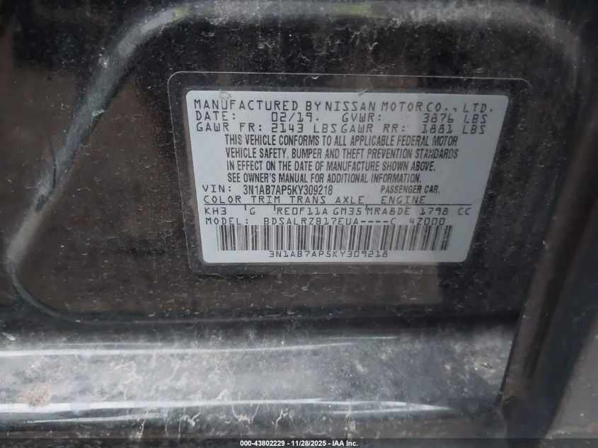 2019 Nissan Sentra Sr VIN: 3N1AB7AP5KY309218 Lot: 43802229