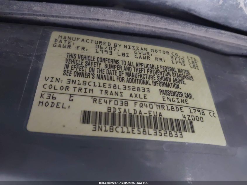 2008 Nissan Versa 1.8S VIN: 3N1BC11E58L352833 Lot: 43802237