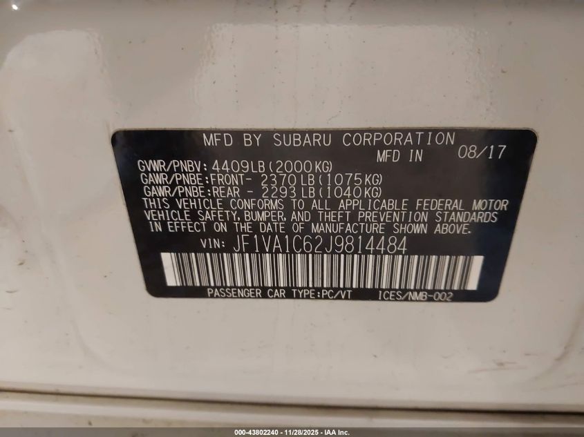 2018 Subaru Wrx Premium VIN: JF1VA1C62J9814484 Lot: 43802240