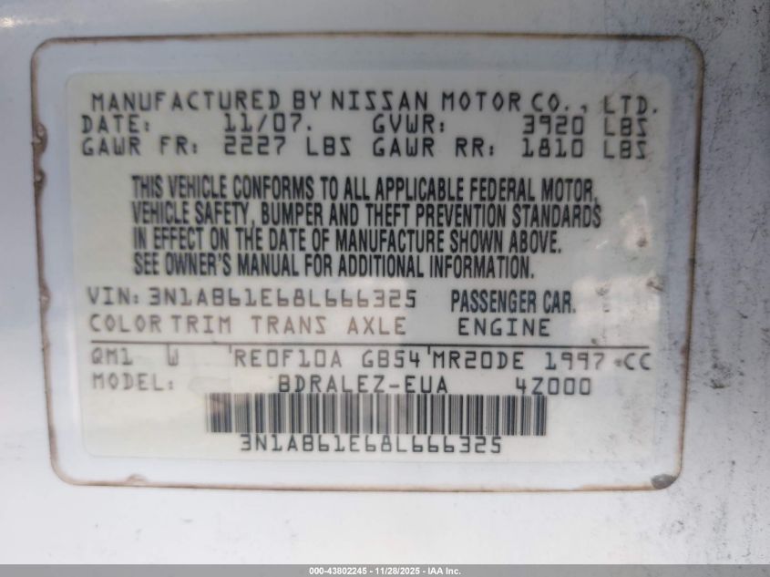 2008 Nissan Sentra 2.0S VIN: 3N1AB61E68L666325 Lot: 43802245