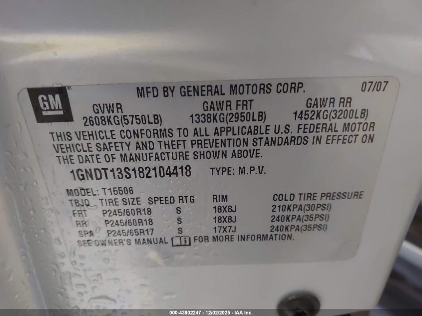 2008 Chevrolet Trailblazer Lt VIN: 1GNDT13S182104418 Lot: 43802247