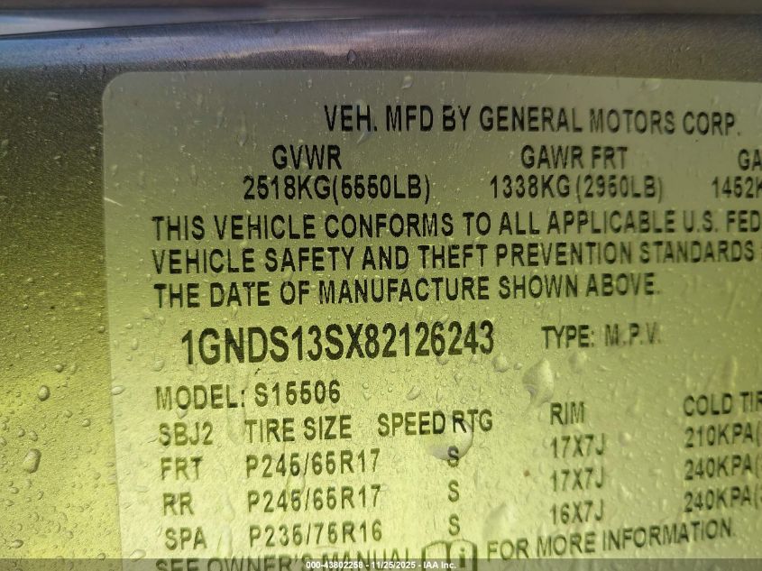 2008 Chevrolet Trailblazer Fleet VIN: 1GNDS13SX82126243 Lot: 43802258