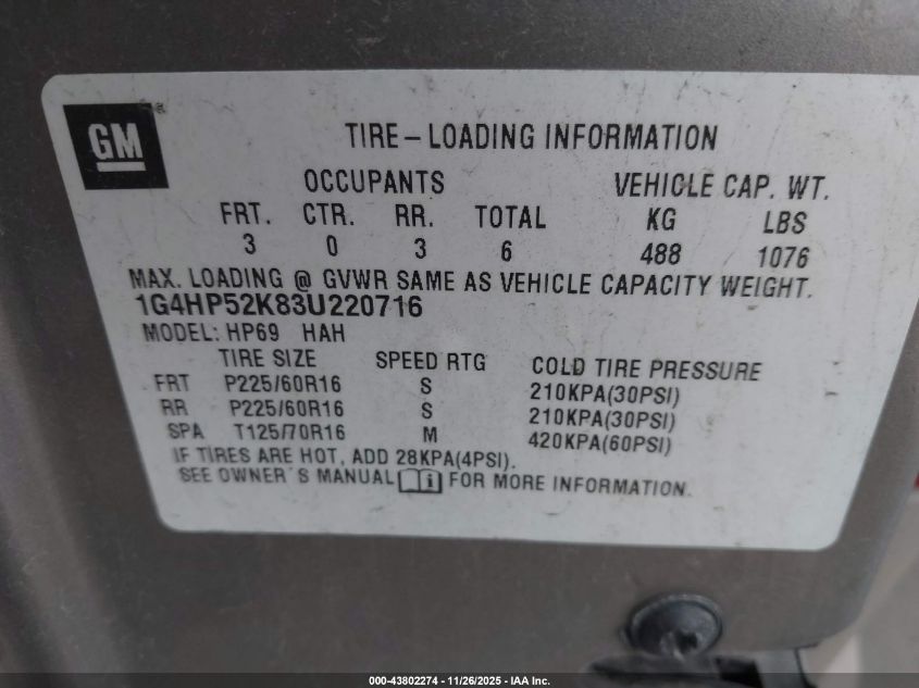 2003 Buick Lesabre Custom VIN: 1G4HP52K83U220716 Lot: 43802274