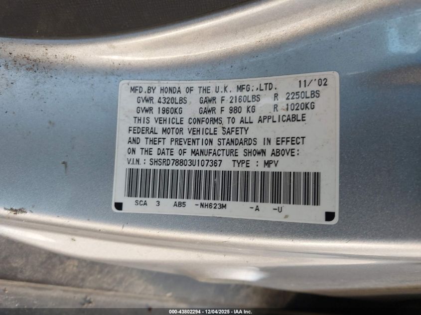 2003 Honda Cr-V Ex VIN: SHSRD78803U107367 Lot: 43802294