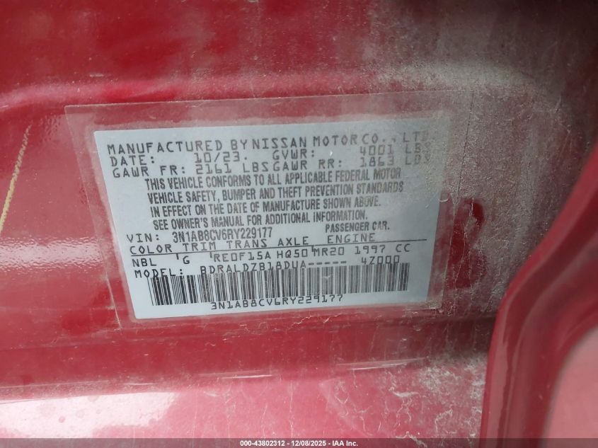 2024 Nissan Sentra Sv Xtronic Cvt VIN: 3N1AB8CV6RY229177 Lot: 43802312