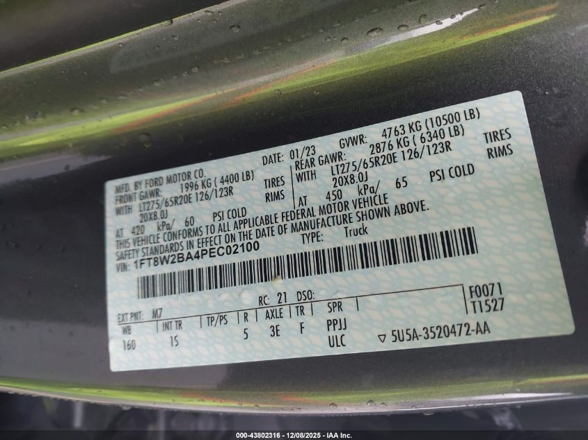 2023 Ford F-250 Xl VIN: 1FT8W2BA4PEC02100 Lot: 43802316