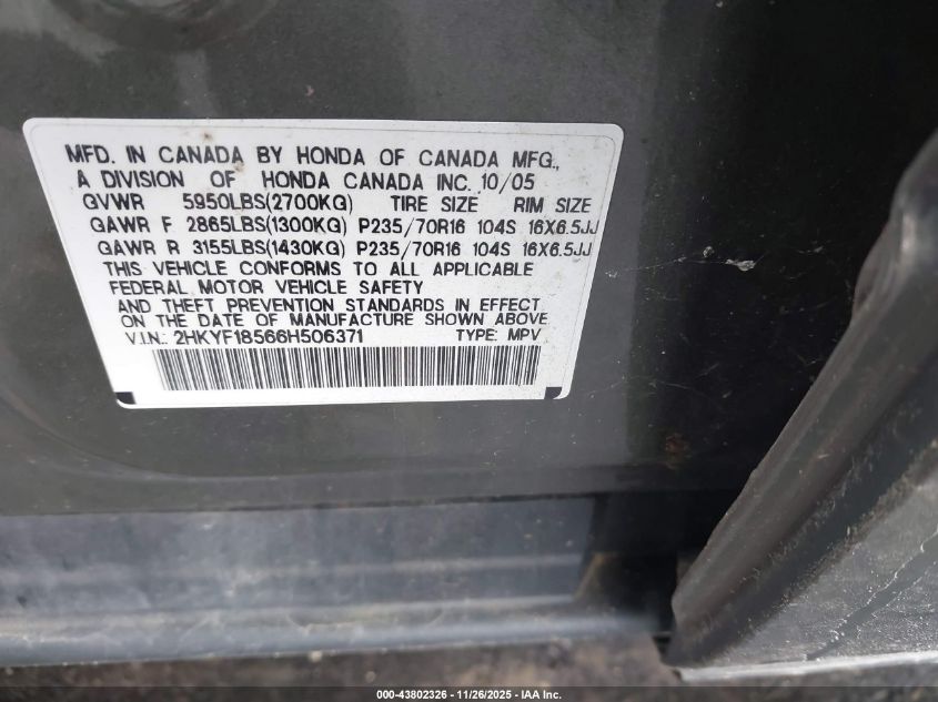 2006 Honda Pilot Ex-L VIN: 2HKYF18566H506371 Lot: 43802326