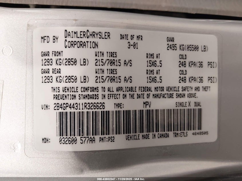 2001 Dodge Grand Caravan Sport VIN: 2B4GP44311R326626 Lot: 43802347