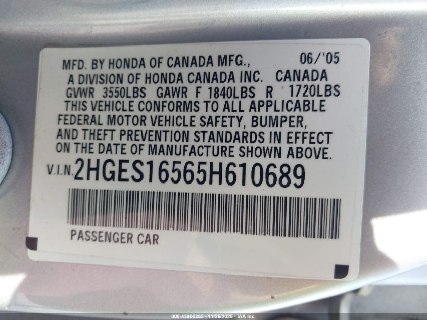 2005 Honda Civic Lx VIN: 2HGES16565H610689 Lot: 43802352