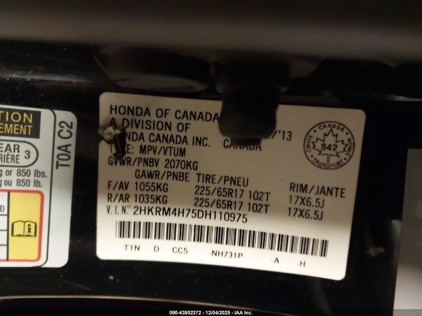 2013 Honda Cr-V Ex-L VIN: 2HKRM4H75DH110975 Lot: 43802372