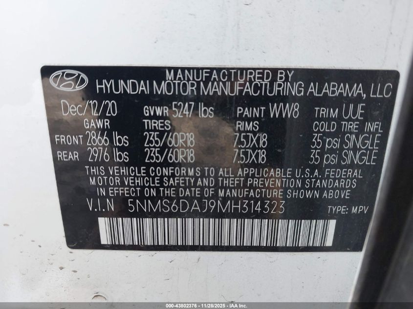 2021 Hyundai Santa Fe Sel VIN: 5NMS6DAJ9MH314323 Lot: 43802376