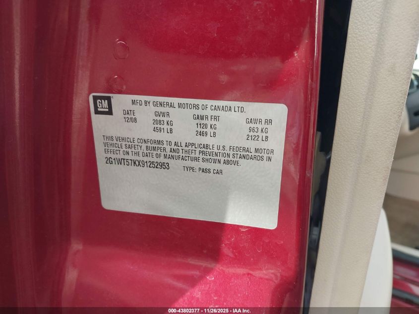 2009 Chevrolet Impala Lt VIN: 2G1WT57KX91252953 Lot: 43802377