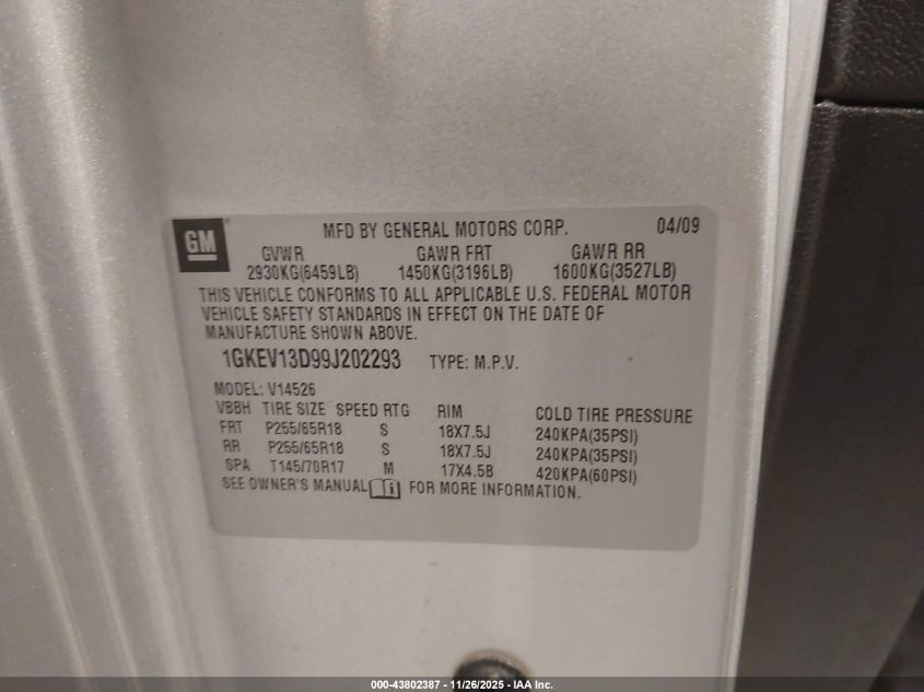 2009 GMC Acadia Sle-1 VIN: 1GKEV13D99J202293 Lot: 43802387