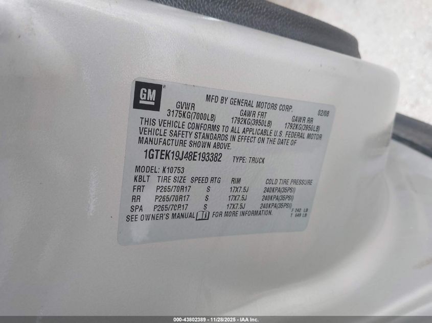 2008 GMC Sierra 1500 Sle1 VIN: 1GTEK19J48E193382 Lot: 43802389