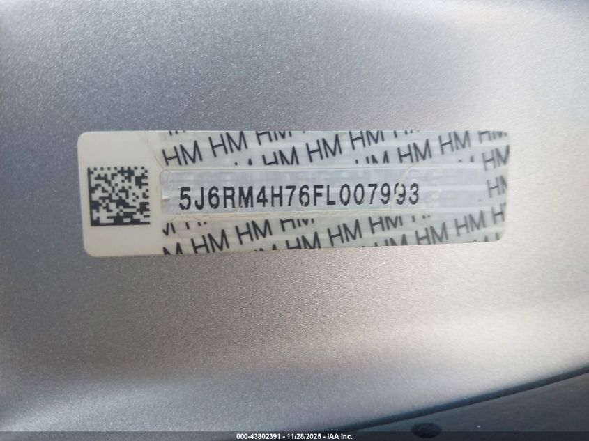 2015 Honda Cr-V Ex-L VIN: 5J6RM4H76FL007993 Lot: 43802391