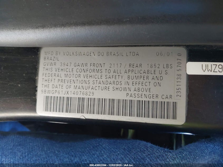 9BWGP61JX14076829 2001 VOLKSWAGEN GOLF photo no. 9