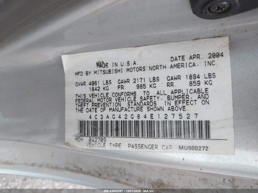 2004 Chrysler Sebring VIN: 4C3AG42G84E127527 Lot: 43802397