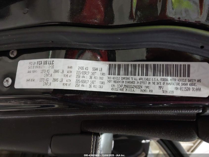 2016 Jeep Cherokee Sport VIN: 1C4PJMAB3GW246924 Lot: 43802400