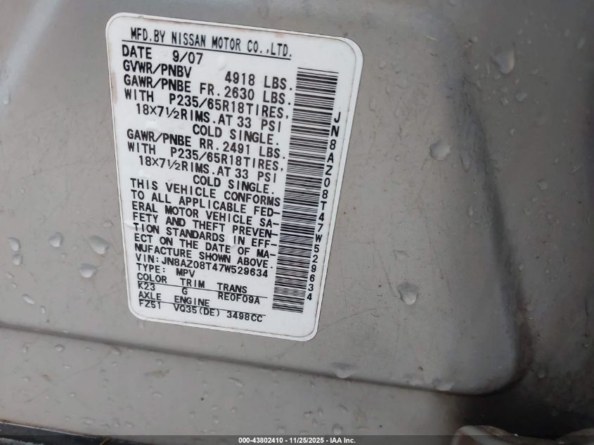 2007 Nissan Murano Sl VIN: JN8AZ08T47W529634 Lot: 43802410