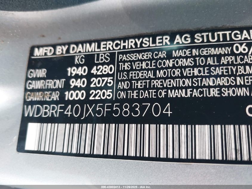 2005 Mercedes-Benz C 230 Kompressor Sport VIN: WDBRF40JX5F583704 Lot: 43802413