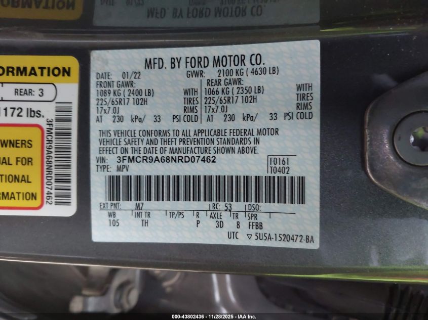 2022 Ford Bronco Sport VIN: 3FMCR9A68NRD07462 Lot: 43802436