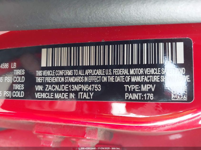 2022 Jeep Renegade Altitude 4X4 VIN: ZACNJDE13NPN64753 Lot: 43802440