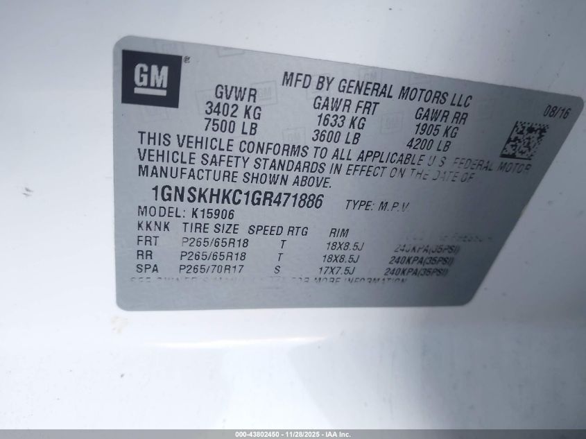 2016 Chevrolet Suburban Lt VIN: 1GNSKHKC1GR471886 Lot: 43802450