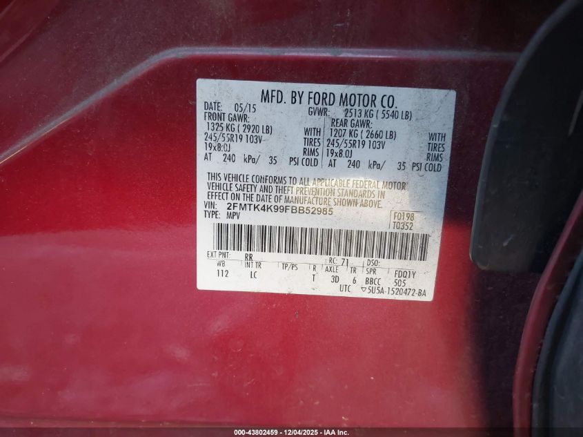 2015 Ford Edge Titanium VIN: 2FMTK4K99FBB52985 Lot: 43802459