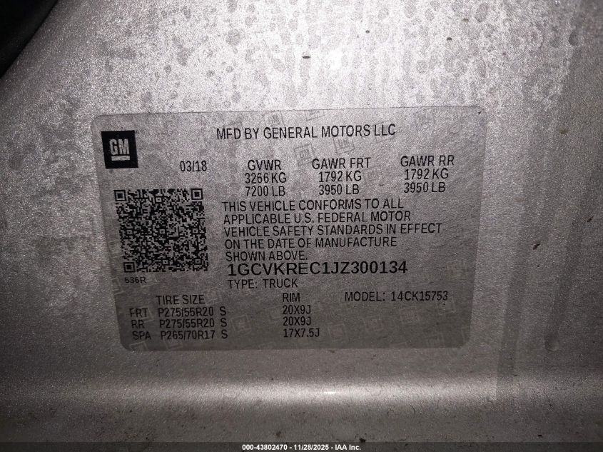 2018 Chevrolet Silverado 1500 2Lt VIN: 1GCVKREC1JZ300134 Lot: 43802470