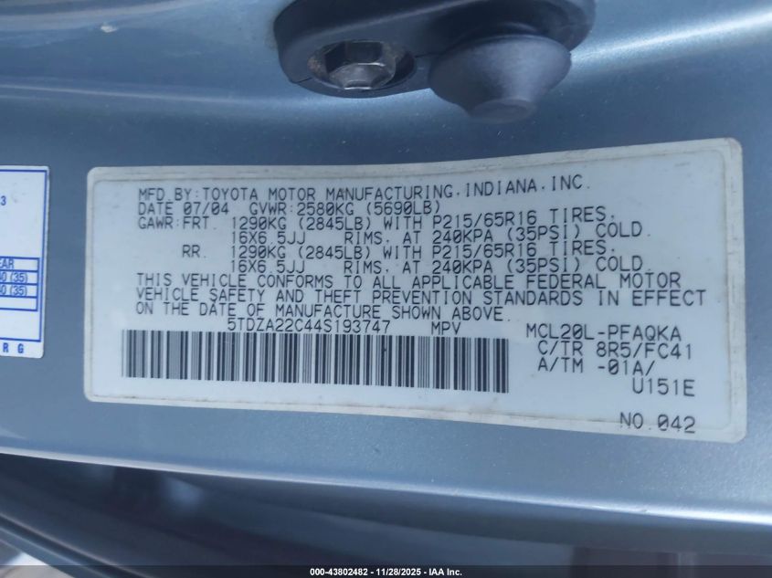 2004 Toyota Sienna Xle VIN: 5TDZA22C44S193747 Lot: 43802482