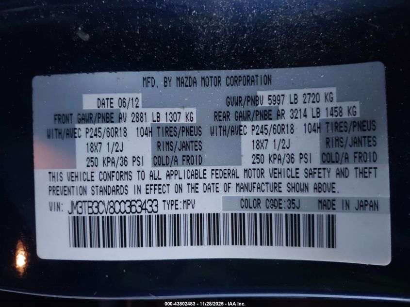 2012 Mazda Cx-9 Touring VIN: JM3TB3CV8C0363433 Lot: 43802483