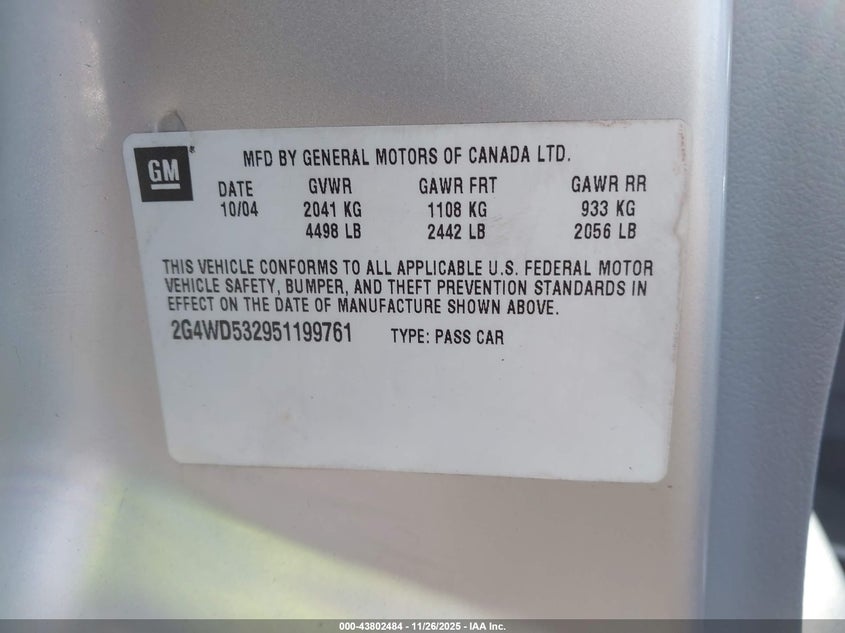 2005 Buick Lacrosse Cxl VIN: 2G4WD562251264526 Lot: 43802484