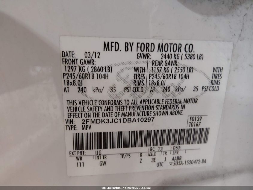 2013 Ford Edge Sel VIN: 2FMDK3JC1DBA10297 Lot: 43802485