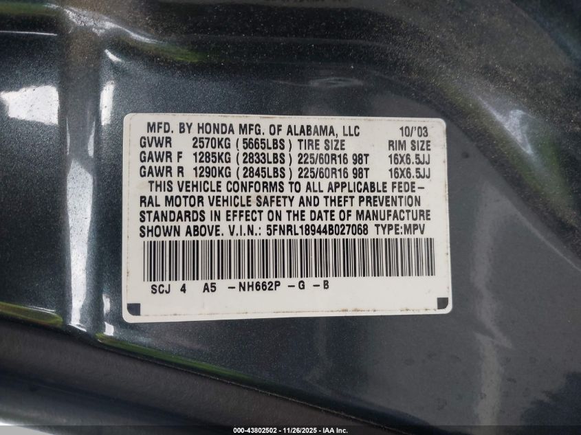 2004 Honda Odyssey Ex-L VIN: 5FNRL18944B027068 Lot: 43802502