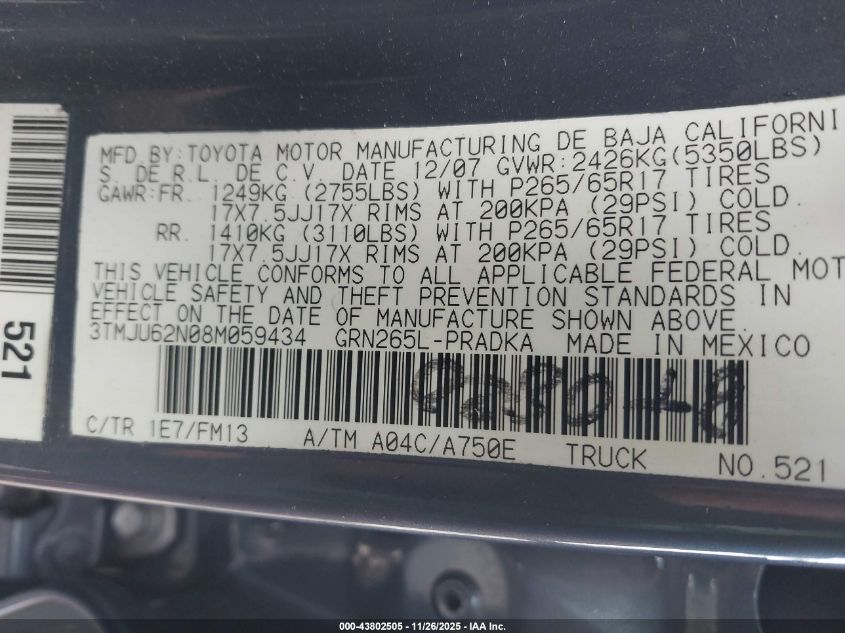 2008 Toyota Tacoma Prerunner V6 VIN: 3TMJU62N08M059434 Lot: 43802505