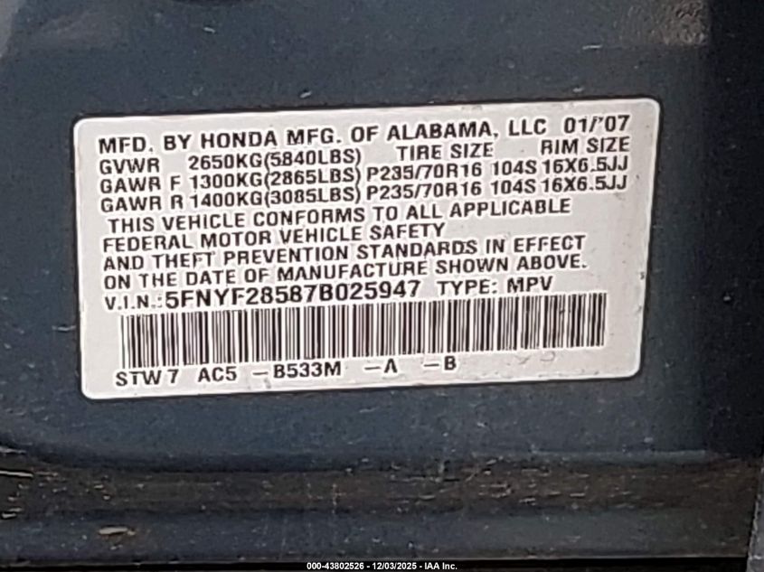 2007 Honda Pilot Ex-L VIN: 5FNYF28587B025947 Lot: 43802526