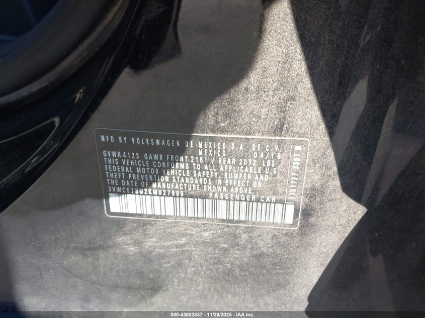 2019 Volkswagen Jetta 1.4T R-Line/1.4T S/1.4T Se VIN: 3VWC57BU2KM027995 Lot: 43802537