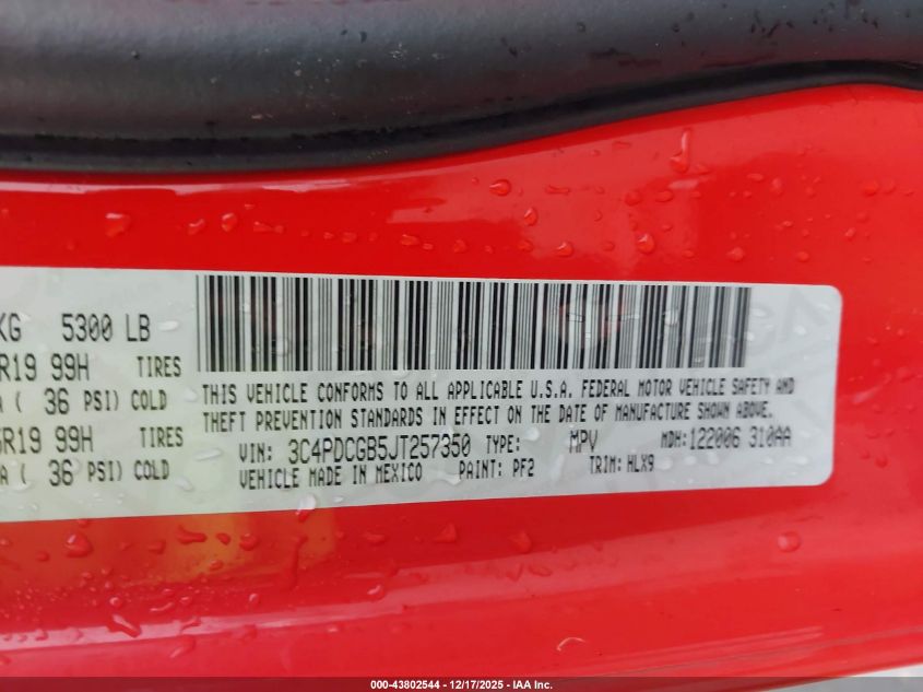 2018 Dodge Journey Crossroad VIN: 3C4PDCGB5JT257350 Lot: 43802544