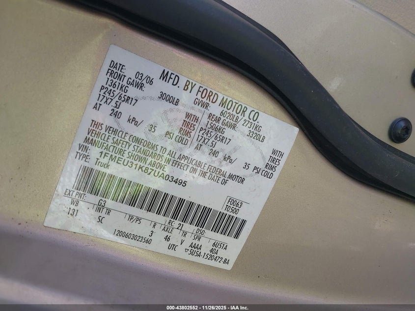 2007 Ford Explorer Sport Trac Xlt VIN: 1FMEU31K87UA03495 Lot: 43802552