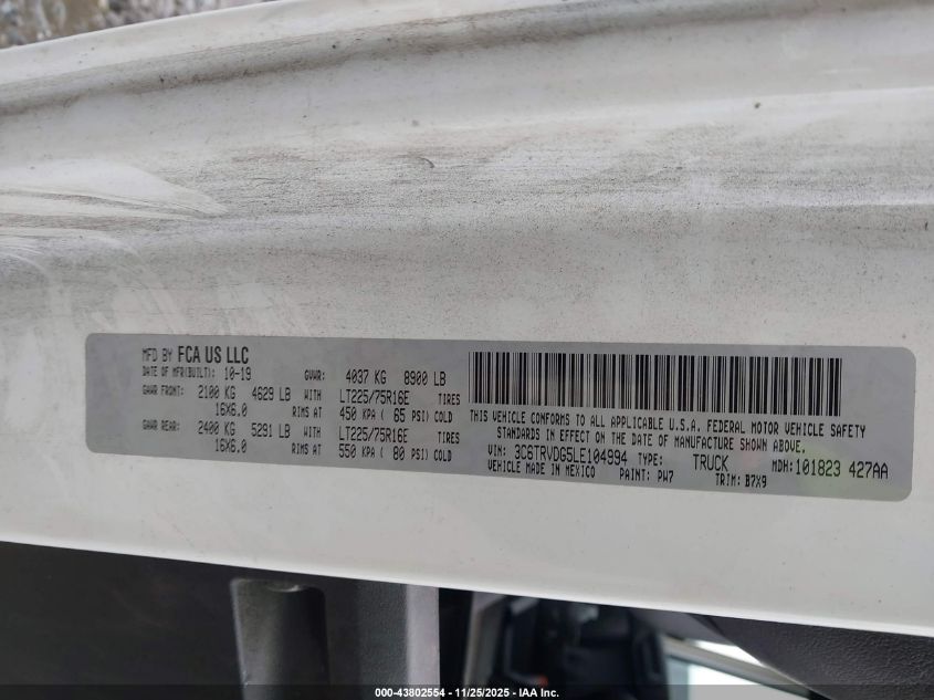 2020 Ram Promaster 2500 High Roof 159 Wb VIN: 3C6TRVDG5LE104994 Lot: 43802554