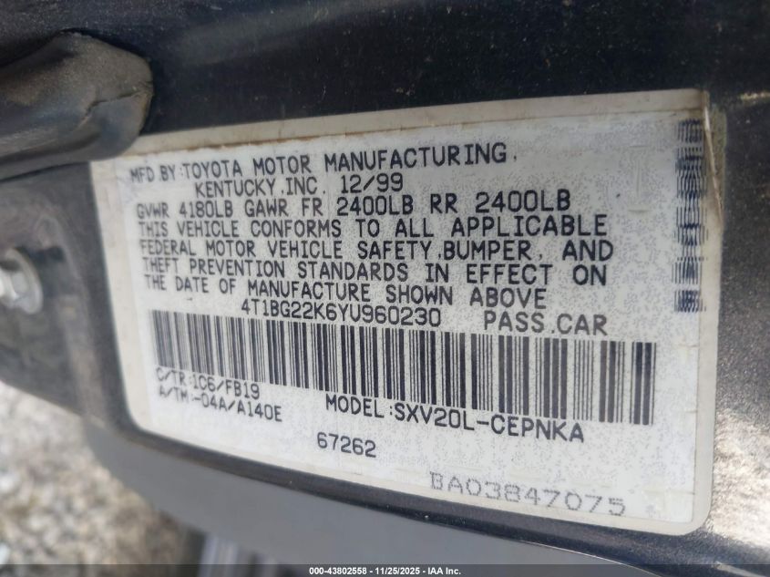 2000 Toyota Camry Le VIN: 4T1BG22K6YU960230 Lot: 43802558