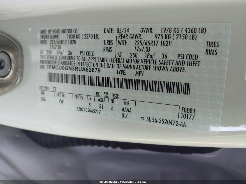 2024 Ford Escape Active VIN: 1FMCU0GN3RUA82679 Lot: 43802564