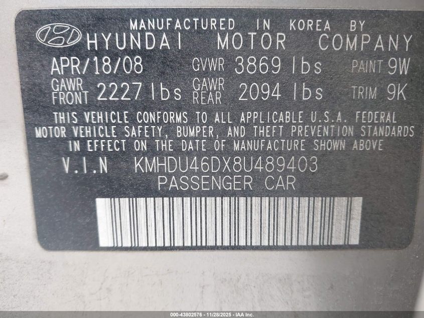 2008 Hyundai Elantra Gls/Se VIN: KMHDU46DX8U489403 Lot: 43802576